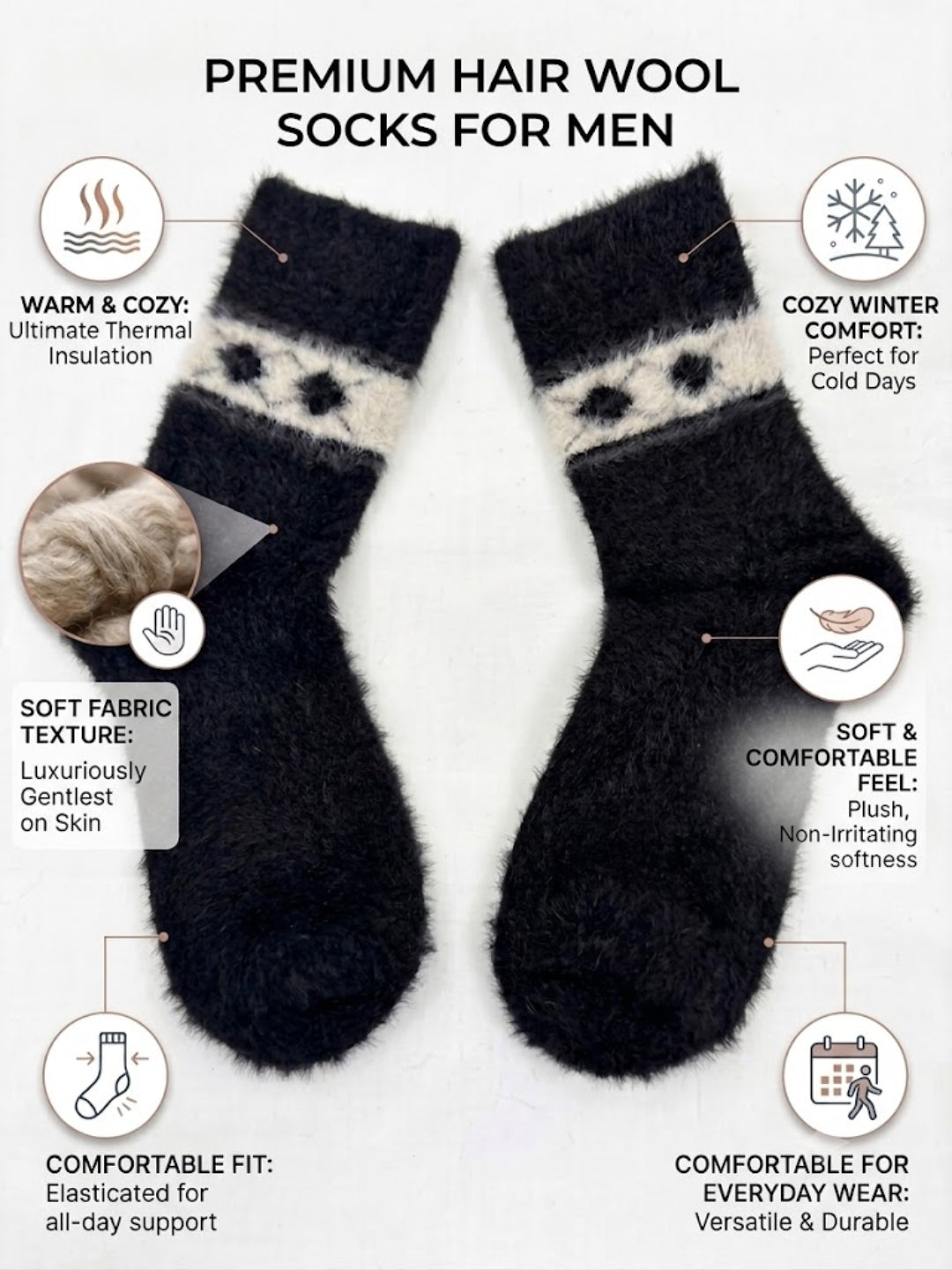 Cdeck Men’s Premium Hair Wool Winter Socks | Soft, Fuzzy, Warm & Comfortable Free Size | Black