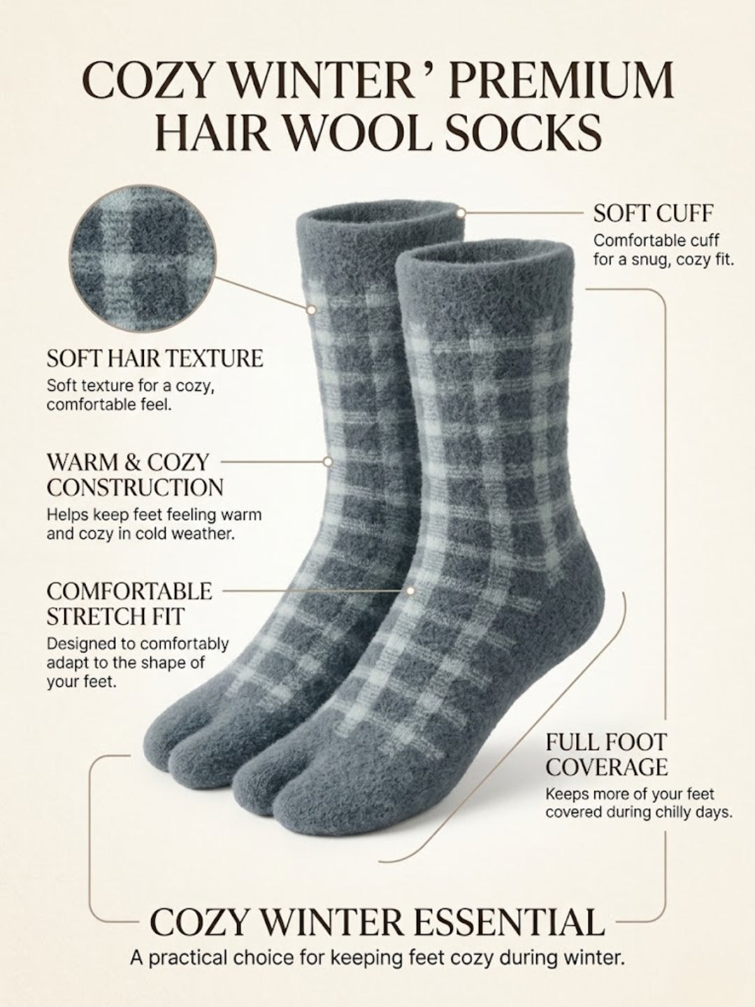Cdeck Women’s Premium Rabbit Hair Wool Split-Toe Warm Winter Socks | Free Size | Grey & White