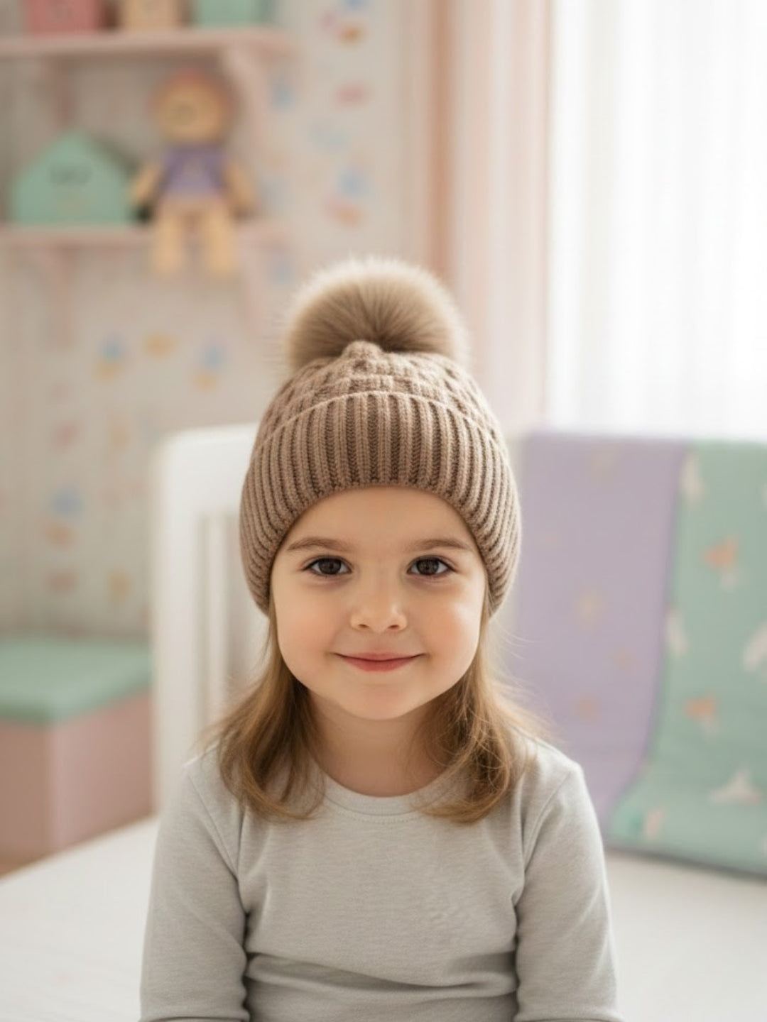 Cdeck Unisex Cable Knit Woolen Winter Beanie Cap with Pom Pom | Soft & Warm | 2–4 Years