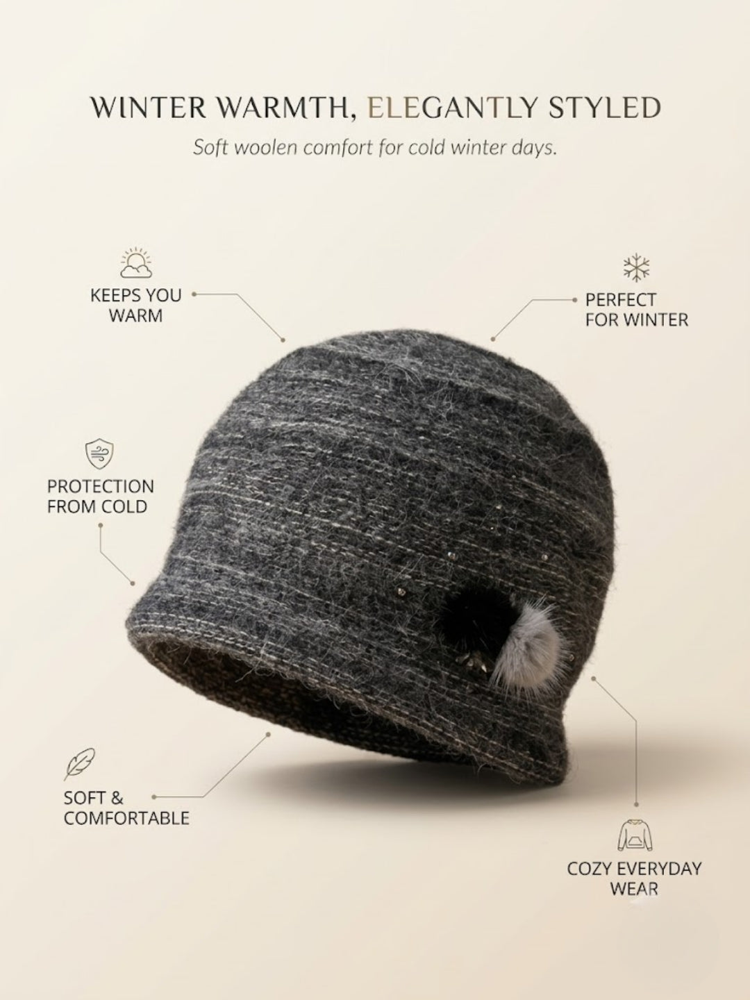 Cdeck Women Woolen Cap | Soft Knitted Winter Beanie for Women | Warm & Stylish Winter Wear | Free Size| Grey