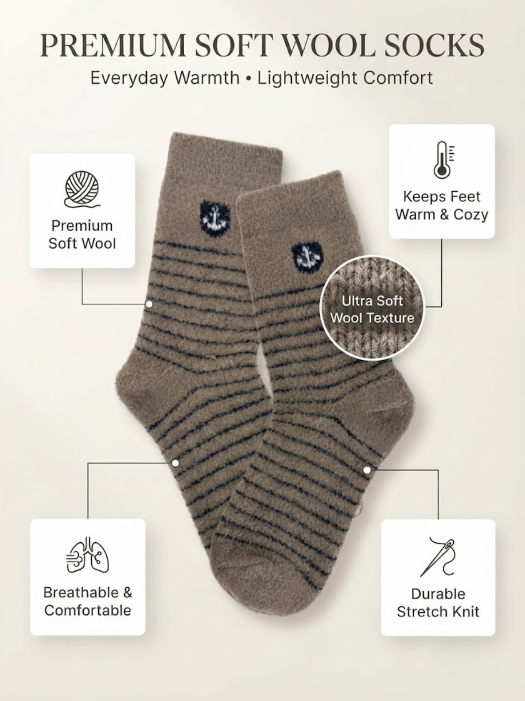 Cdeck Men’s Soft Wool Socks | Warm Brown Striped Cozy Socks