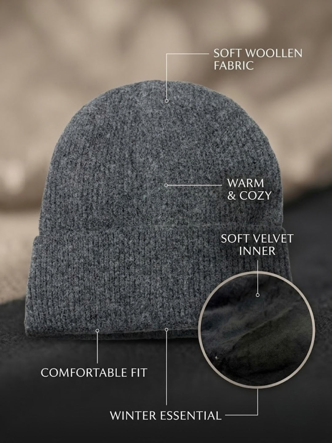 Cdeck Men’s Woolen Winter Cap | Soft, Warm & Comfortable Cap for Everyday Wear | Free Size | Grey