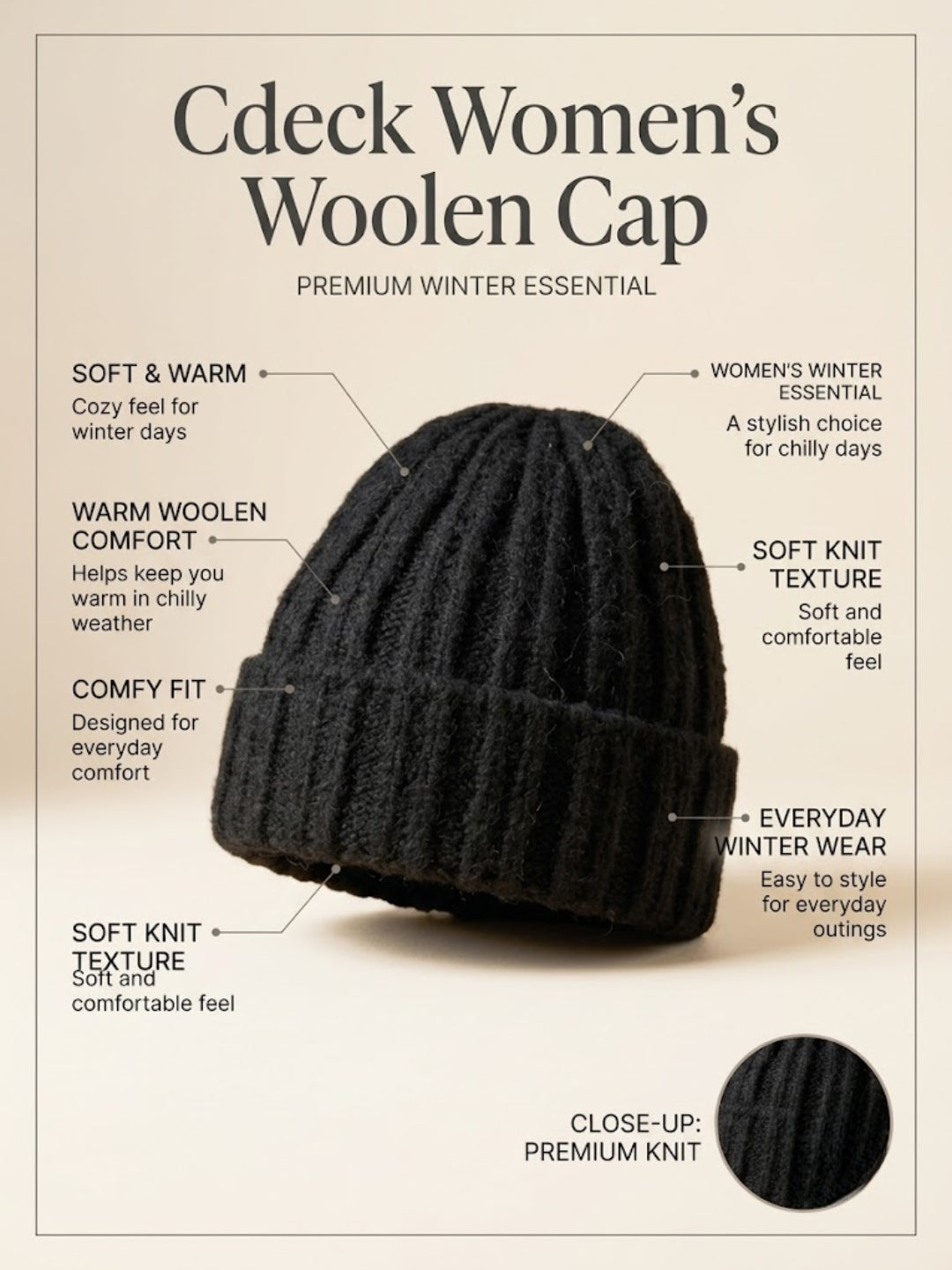Cdeck Women Woolen Cap | Soft Knitted Winter Beanie for Women | Warm & Stylish Winter Wear | Free Size| Black