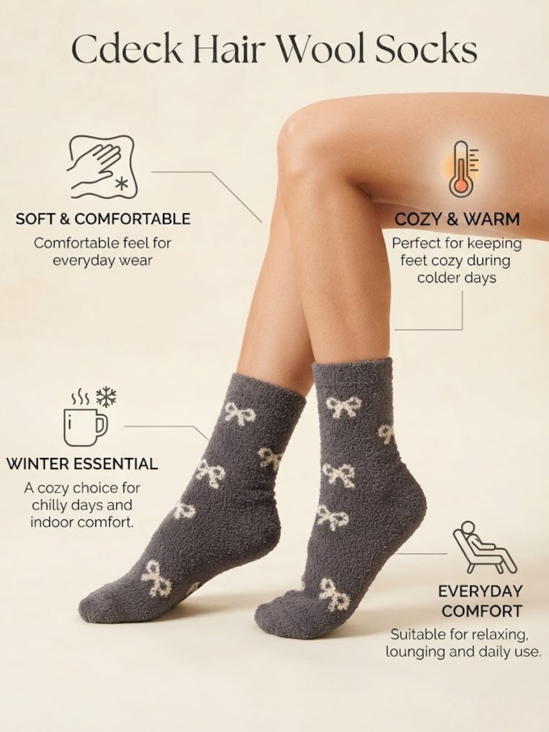 Cdeck Women’s Mid-Calf Rabbit Hair Wool Socks – Premium Soft Warm Fuzzy Winter Socks, Cozy Plush Socks with Cute Bow Pattern
