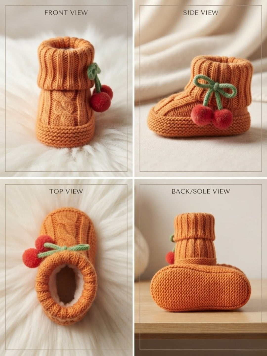 Cdeck Baby Wool Booties with Cherry Pom-Pom Design | Soft Knitted Baby Shoes | Cute Orange Booties for Babies 0–9 Months