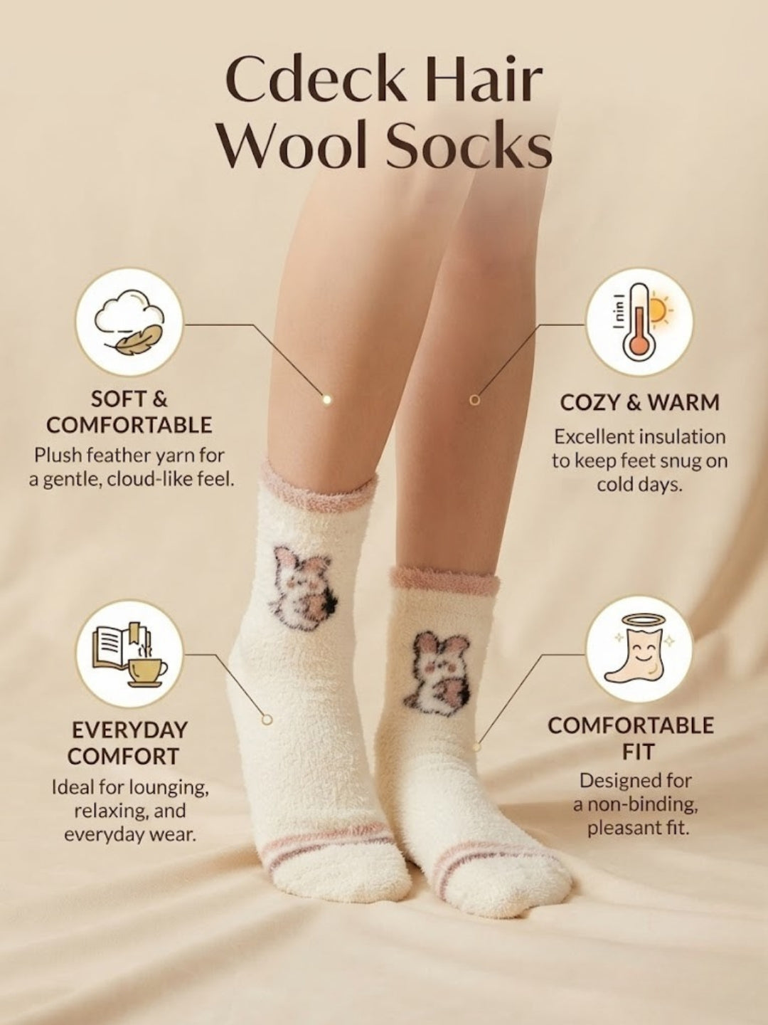 Cdeck Rabbit Hair Wool Socks for Women, 2 Pairs Fuzzy Warm Winter Socks with Cute Rabbit Pattern