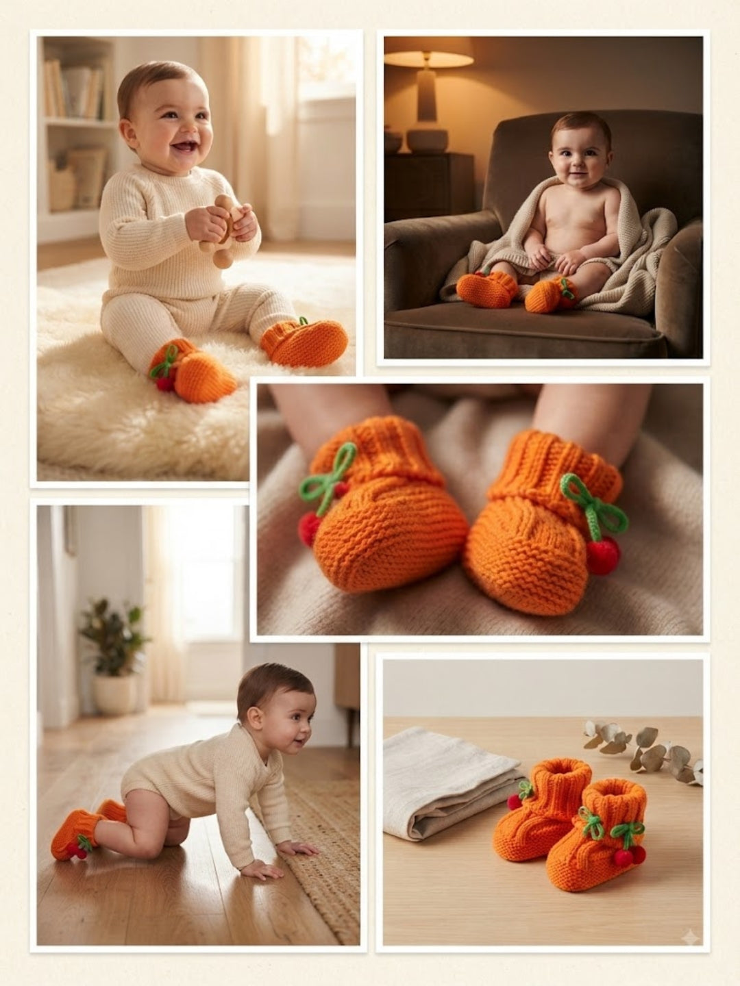 Cdeck Baby Wool Booties with Cherry Pom-Pom Design | Soft Knitted Baby Shoes | Cute Orange Booties for Babies 0–9 Months