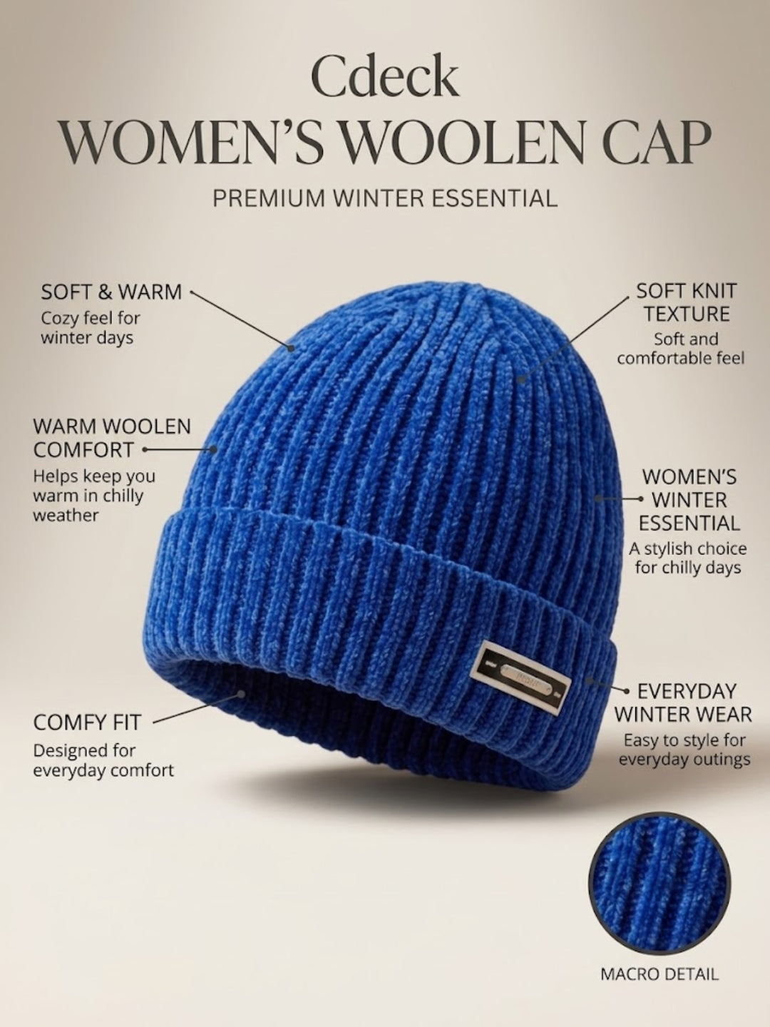 Cdeck Women Woolen Cap | Soft Knitted Winter Beanie for Women | Warm & Stylish Winter Wear | Free Size| Blue