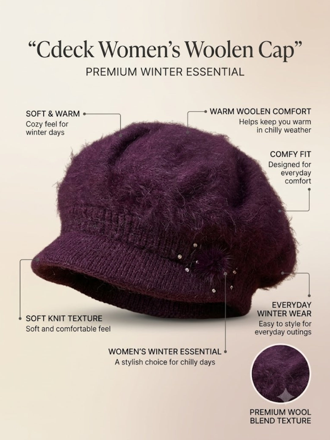 Cdeck Women Woolen Cap | Soft Knitted Winter Beanie for Women | Warm & Stylish Winter Wear | Free Size | Purple