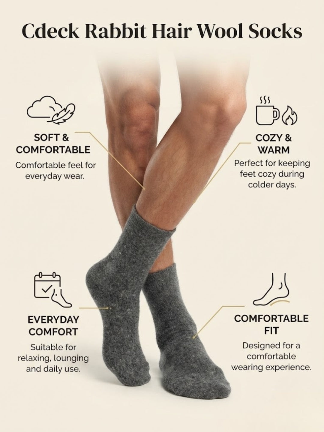 Cdeck Unisex Woolen Winter Socks | Soft Warm Wool Socks for Men & Women | Cozy Comfortable Winter Socks | Full Length | Dark Grey