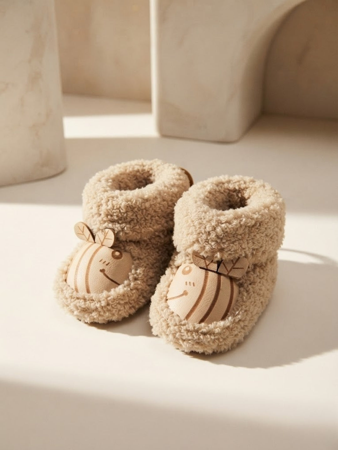 Cdeck Baby Wool Booties | Soft Warm Fleece Baby Shoes | Cute Beige Booties for Babies 3–9 Months