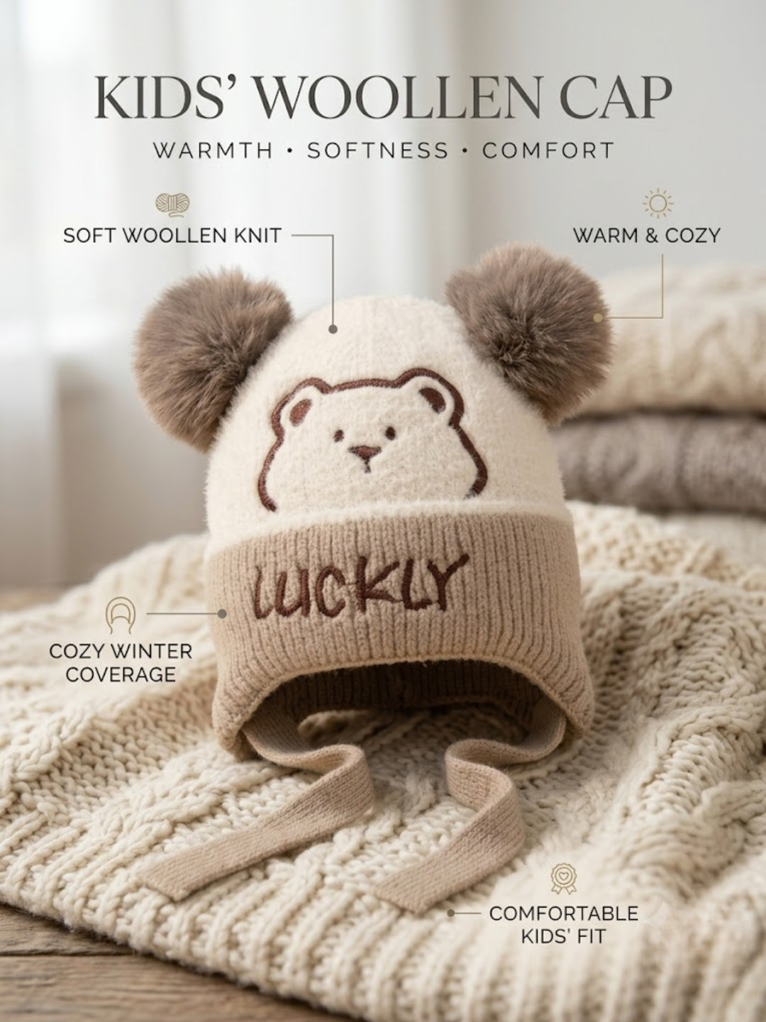 Cdeck Kids Woolen Winter Cap for Boys & Girls | Warm & Comfortable Winter Wear | 2–4 Years | Beige