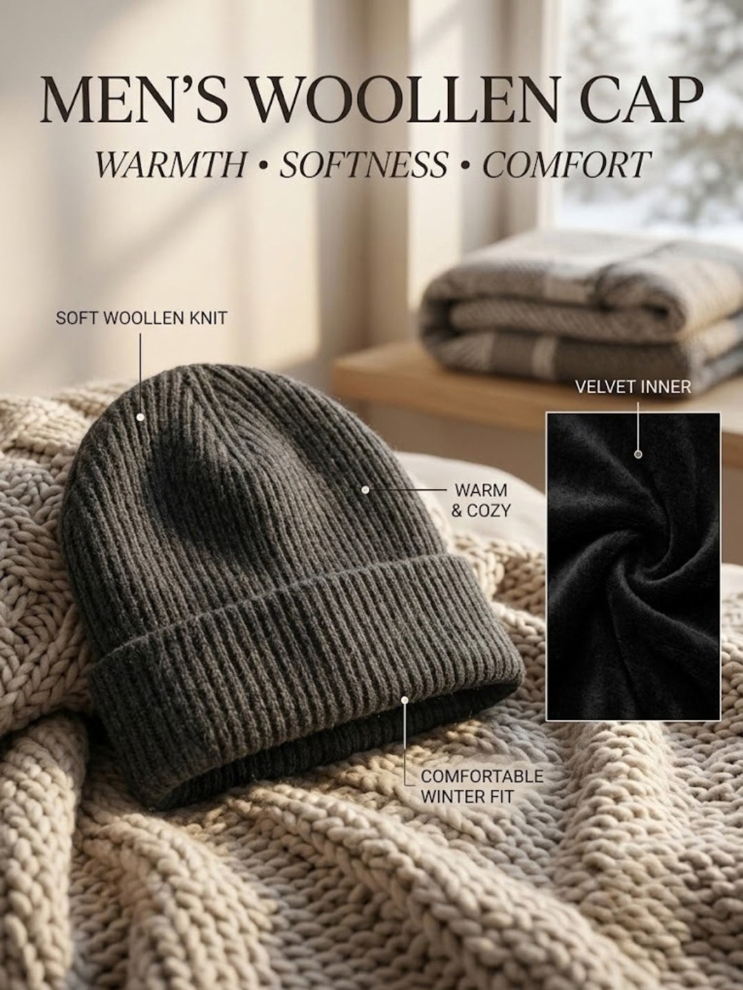 Cdeck Men’s Woolen Winter Cap | Soft, Warm & Comfortable Cap for Everyday Wear | Free Size | Grey