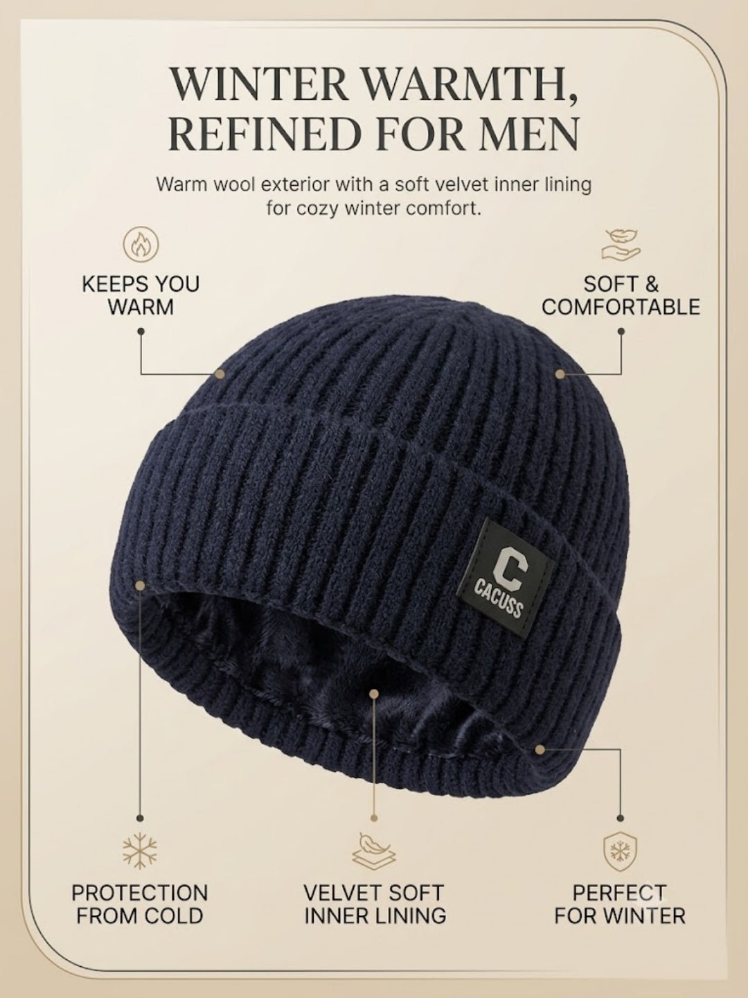 Cdeck Men’s Woolen Winter Cap | Ribbed Knitted Beanie | Free Size | Warm & Comfortable | Blue