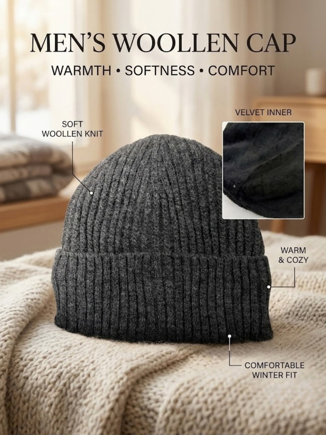 Cdeck Men’s Woolen Winter Cap | Soft, Warm & Comfortable Cap for Everyday Wear | Free Size | Grey