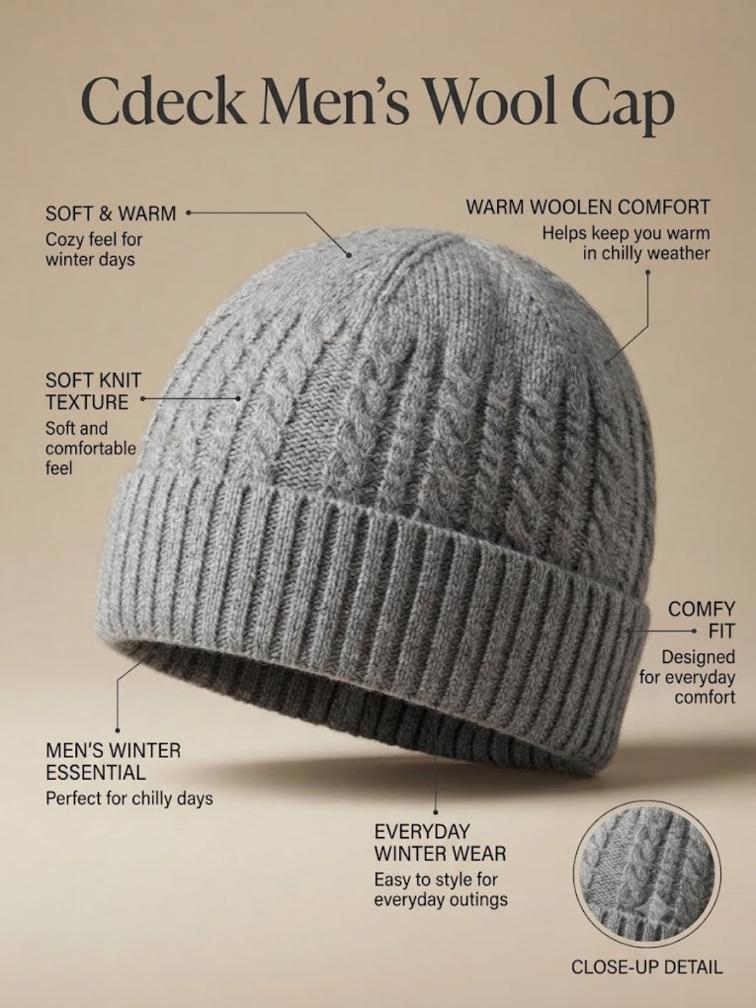 Cdeck Men’s Winter Woolen Cap | Ribbed Knit Beanie | Free Size | Soft & Warm  |Grey