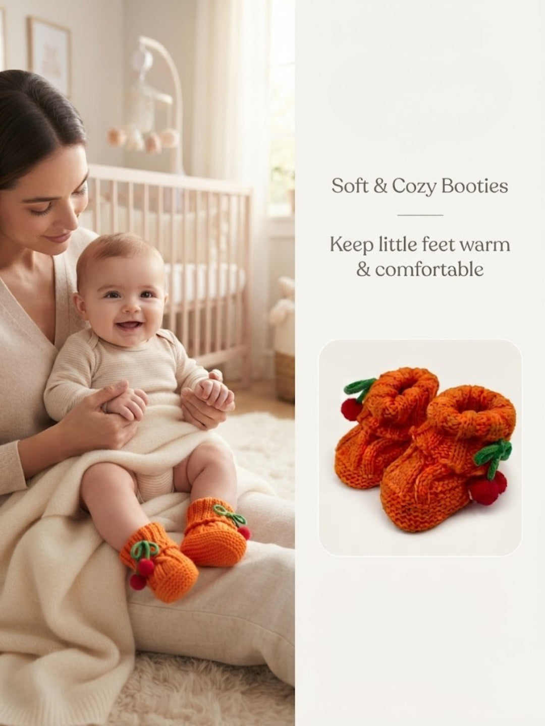 Cdeck Baby Wool Booties with Cherry Pom-Pom Design | Soft Knitted Baby Shoes | Cute Orange Booties for Babies 0–9 Months