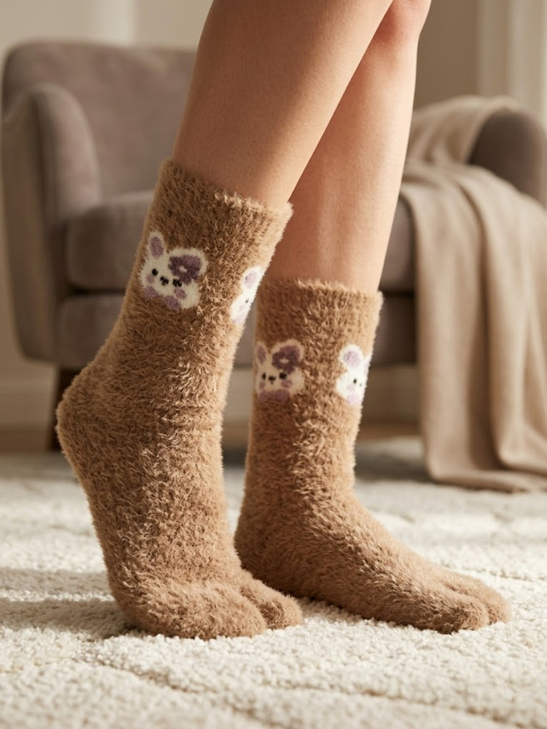 Cdeck Women’s Premium Soft Fuzzy Cute Animal Split-Toe Warm Winter Socks  | Cozy Plush Free Size | Brown
