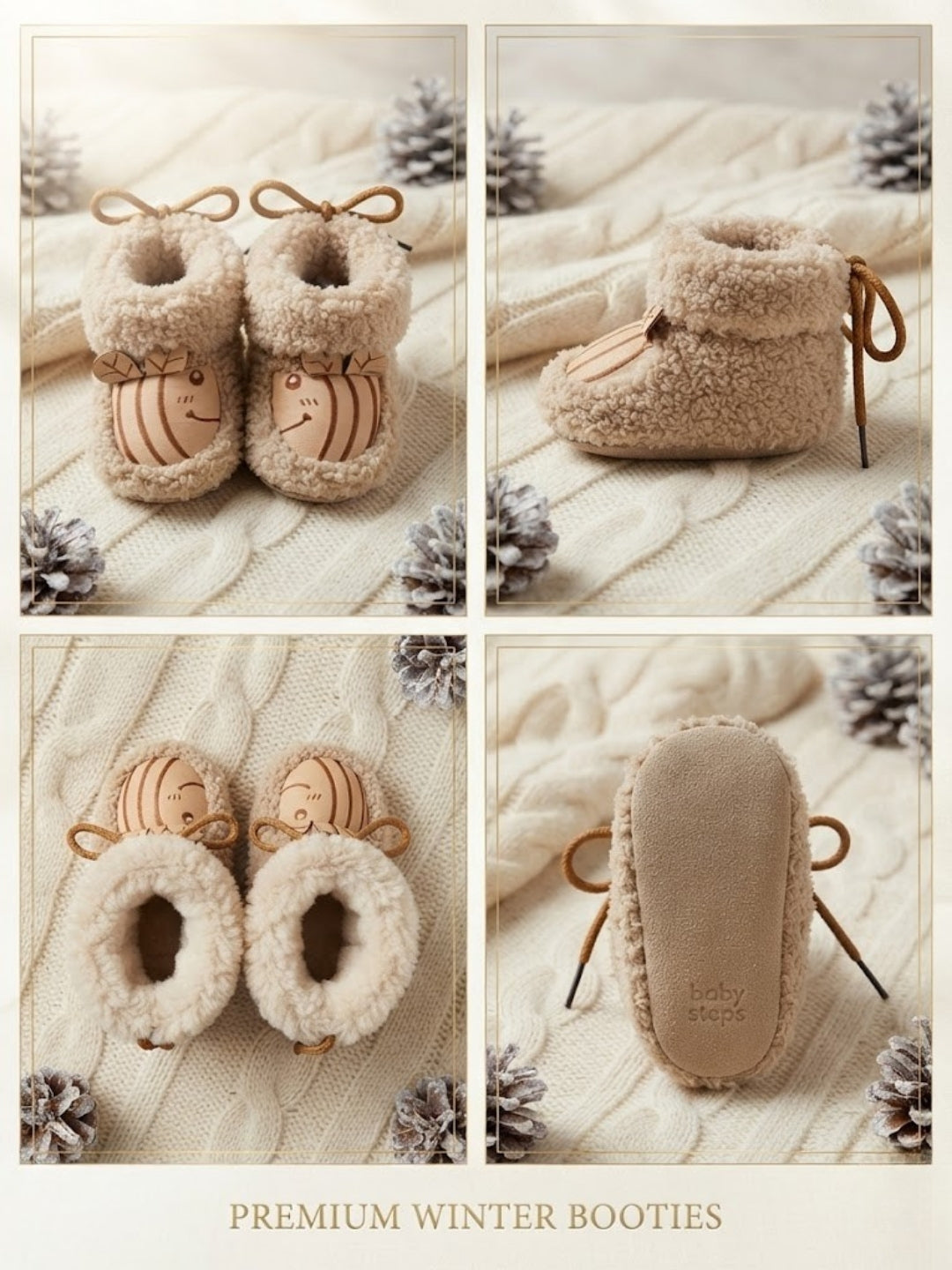 Cdeck Baby Wool Booties | Soft Warm Fleece Baby Shoes | Cute Beige Booties for Babies 3–9 Months