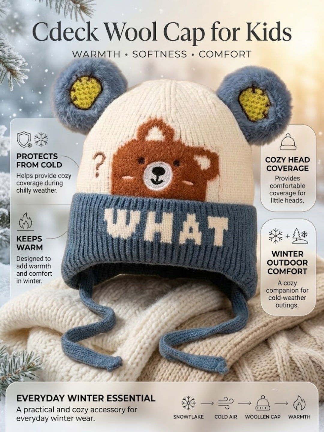 Cdeck Kids Woolen Winter Cap for Boys & Girls | Warm & Comfortable Winter Wear | 2–4 Years| Blue