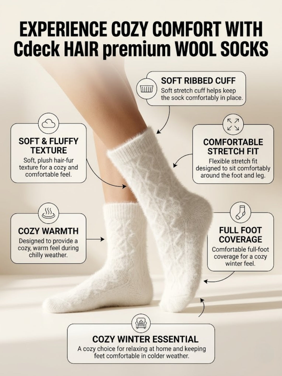 Cdeck Women’s Soft & Warm Woolen Fuzzy Socks | Cozy Thick Winter Socks for Women | Cream
