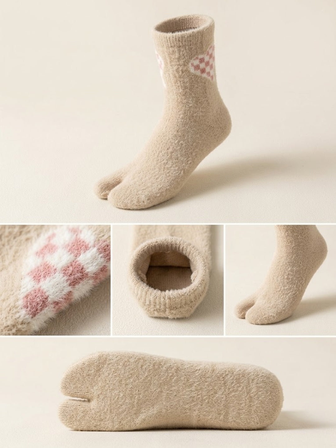 Cdeck Women’s Premium Fuzzy Split-Toe Socks – Cute Bunny Design | Warm Winter Socks | Free Size | Beige