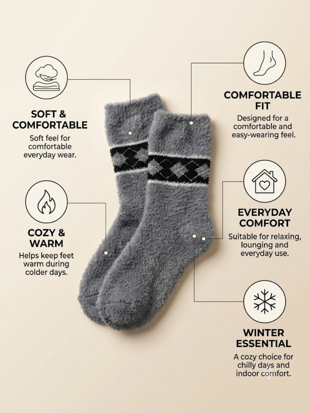 Cdeck Men’s Premium Hair Wool Winter Socks | Soft, Fuzzy, Warm & Comfortable Free Size | Dark Grey