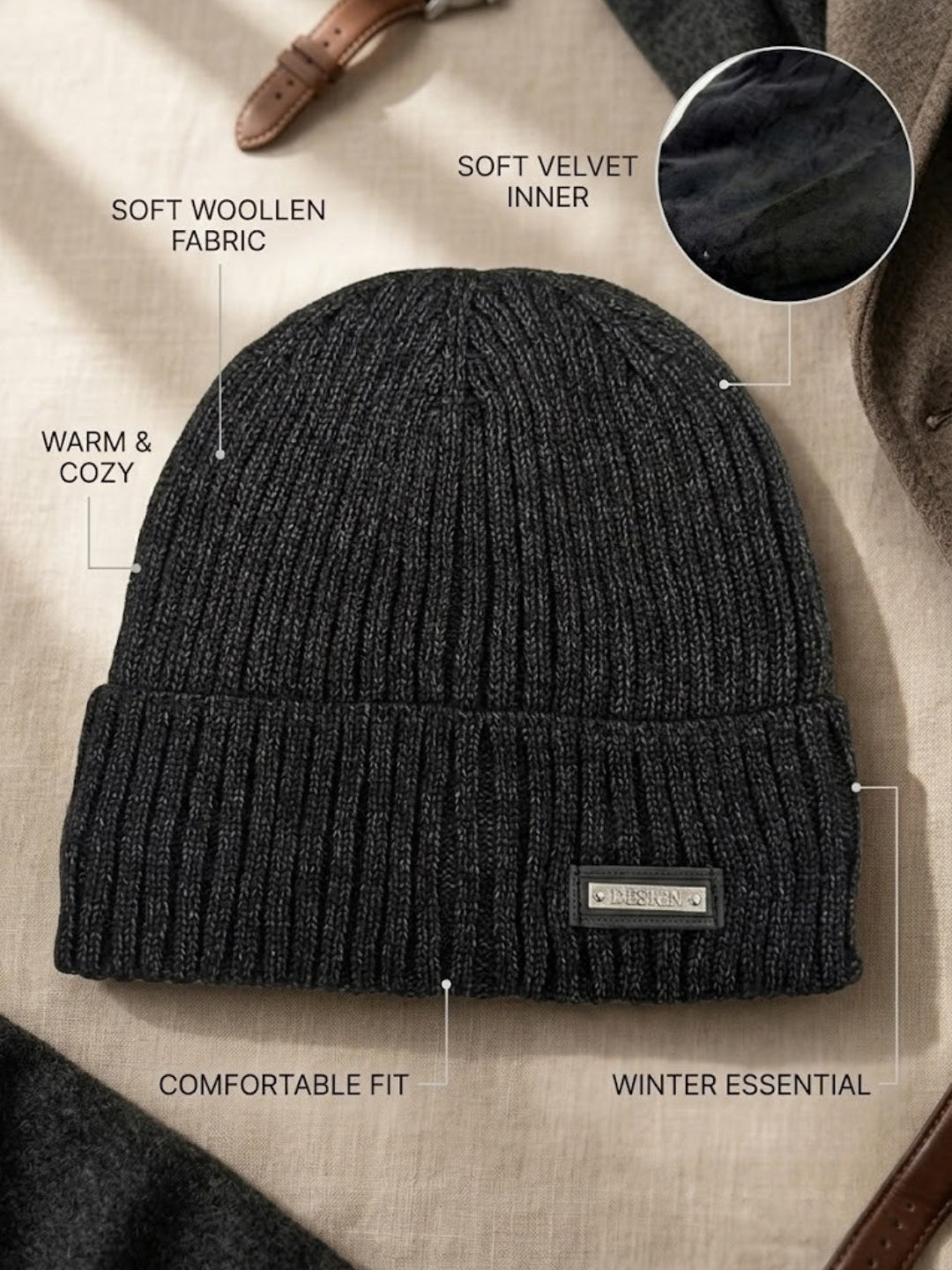 Cdeck Men’s Woolen Winter Cap | Soft, Warm & Comfortable Cap for Everyday Wear | Free Size | Black