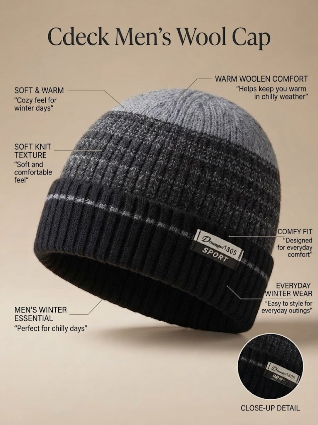 Cdeck Men’s Winter Woolen Cap | Ribbed Knit Beanie | Free Size | Soft & Warm | Black