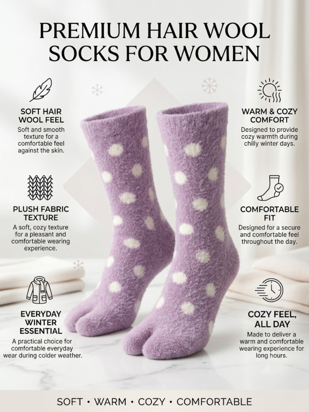 Cdeck Women Premium Hair Wool Socks | Soft Warm Fuzzy Winter Socks | Lavender & White Polka Dot | Free Size