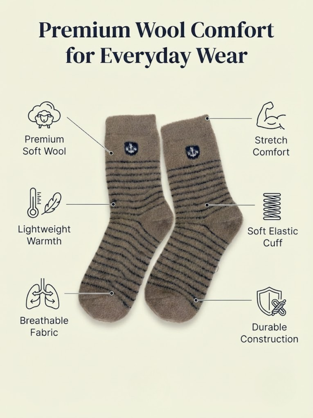 Cdeck Men’s Soft Wool Socks | Warm Brown Striped Cozy Socks