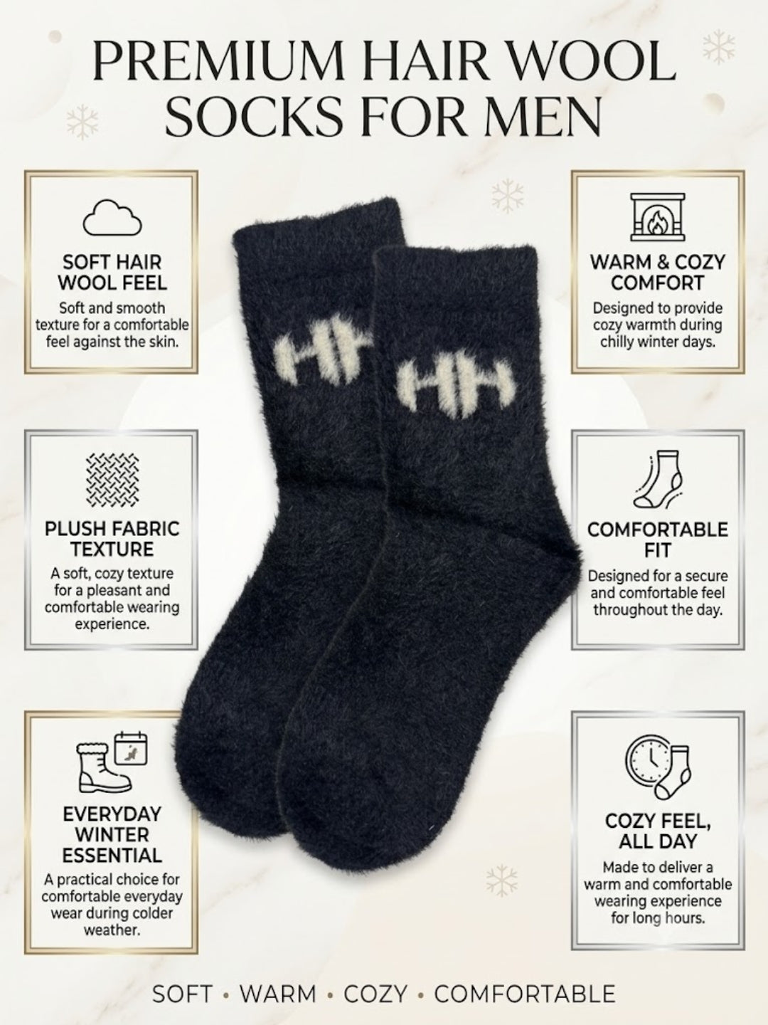 Cdeck Men’s Hair Wool Winter Socks | Single Pair | Soft, Warm & Stretchable | Black