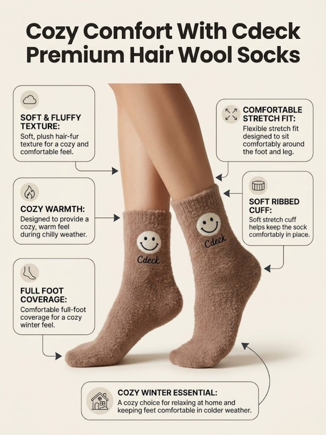 Cdeck Women’s Premium Hair Wool Fuzzy Socks | Soft & Warm Winter Socks | Brown