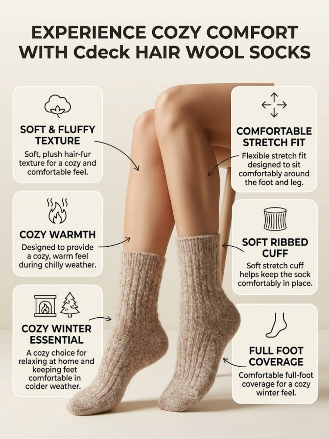 Cdeck Women’s Premium Fuzzy Socks – Soft Warm Winter Socks | Ribbed Design | Free Size | Beige