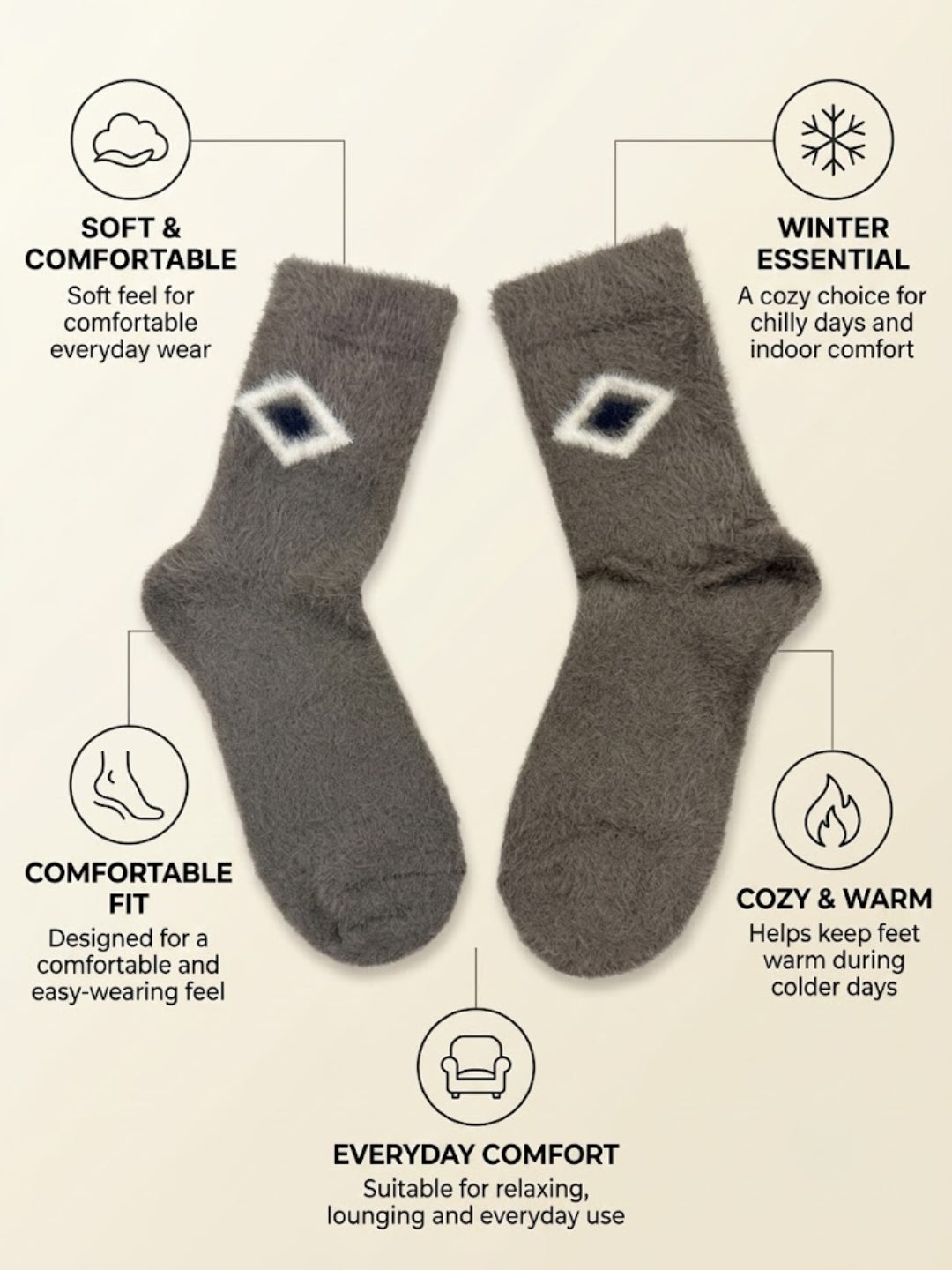 Cdeck Men’s Premium Hair Wool Winter Socks | Single Pair | Soft, Fuzzy, Warm & Comfortable Free Size | Brown