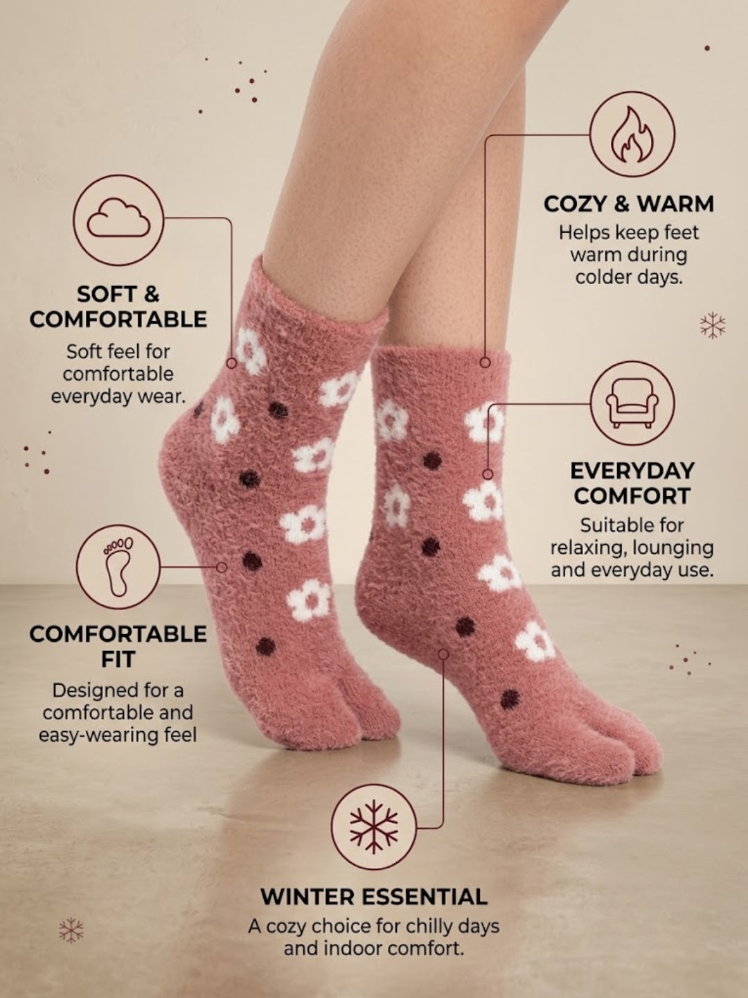 Cdeck Premium Hair Wool Socks for Women | Soft & Warm Winter Socks | Floral Pattern Cozy Socks | Free Size | Pink