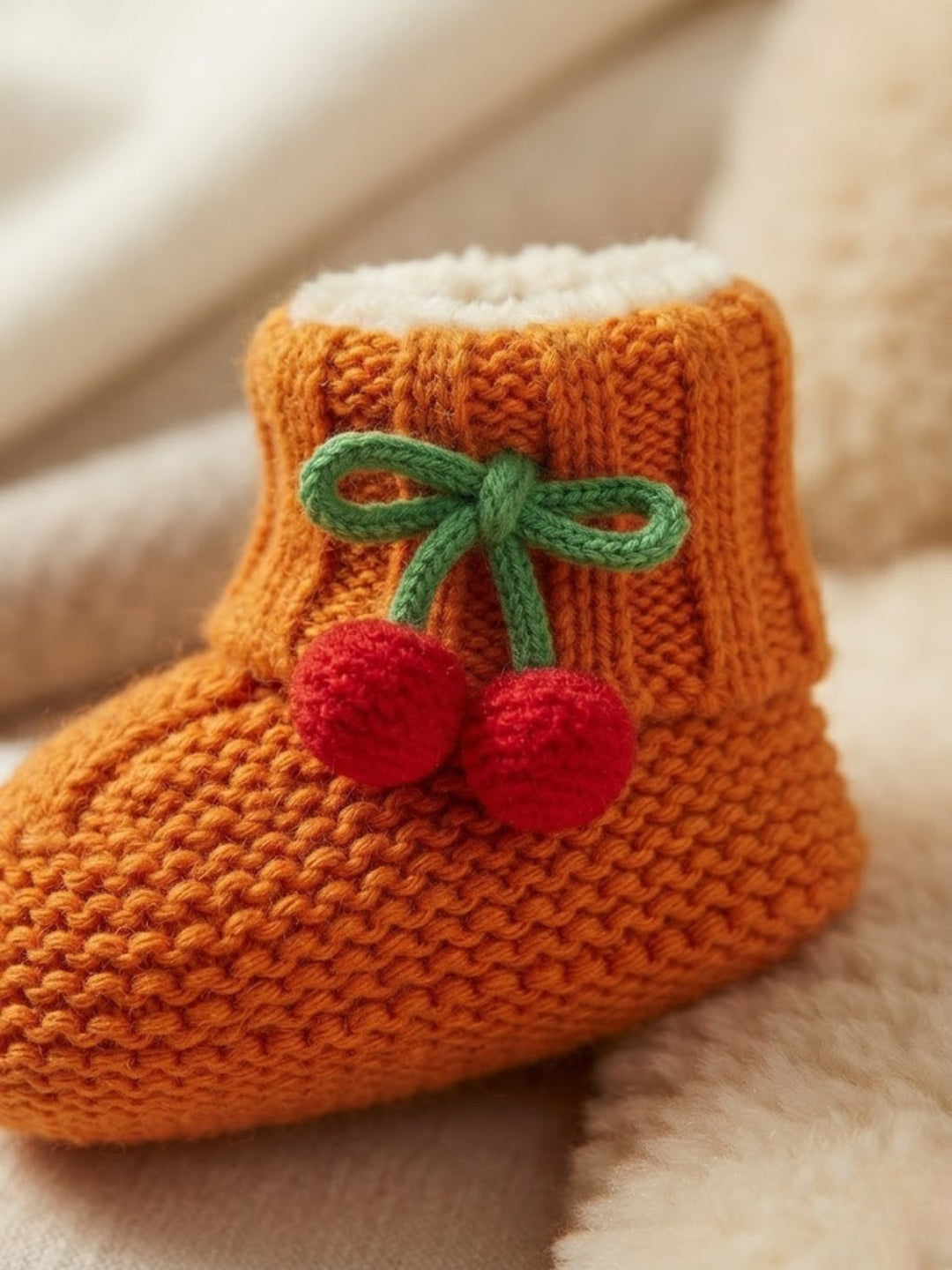Cdeck Baby Wool Booties with Cherry Pom-Pom Design | Soft Knitted Baby Shoes | Cute Orange Booties for Babies 0–9 Months