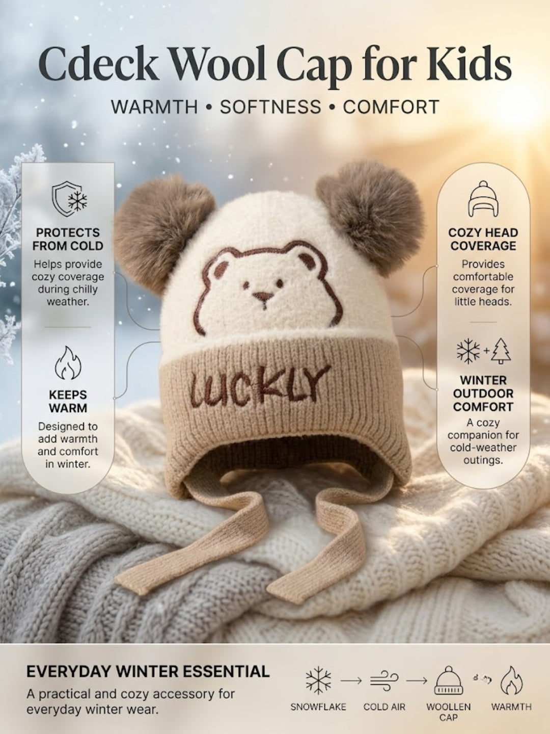 Cdeck Kids Woolen Winter Cap for Boys & Girls | Warm & Comfortable Winter Wear | 2–4 Years | Beige