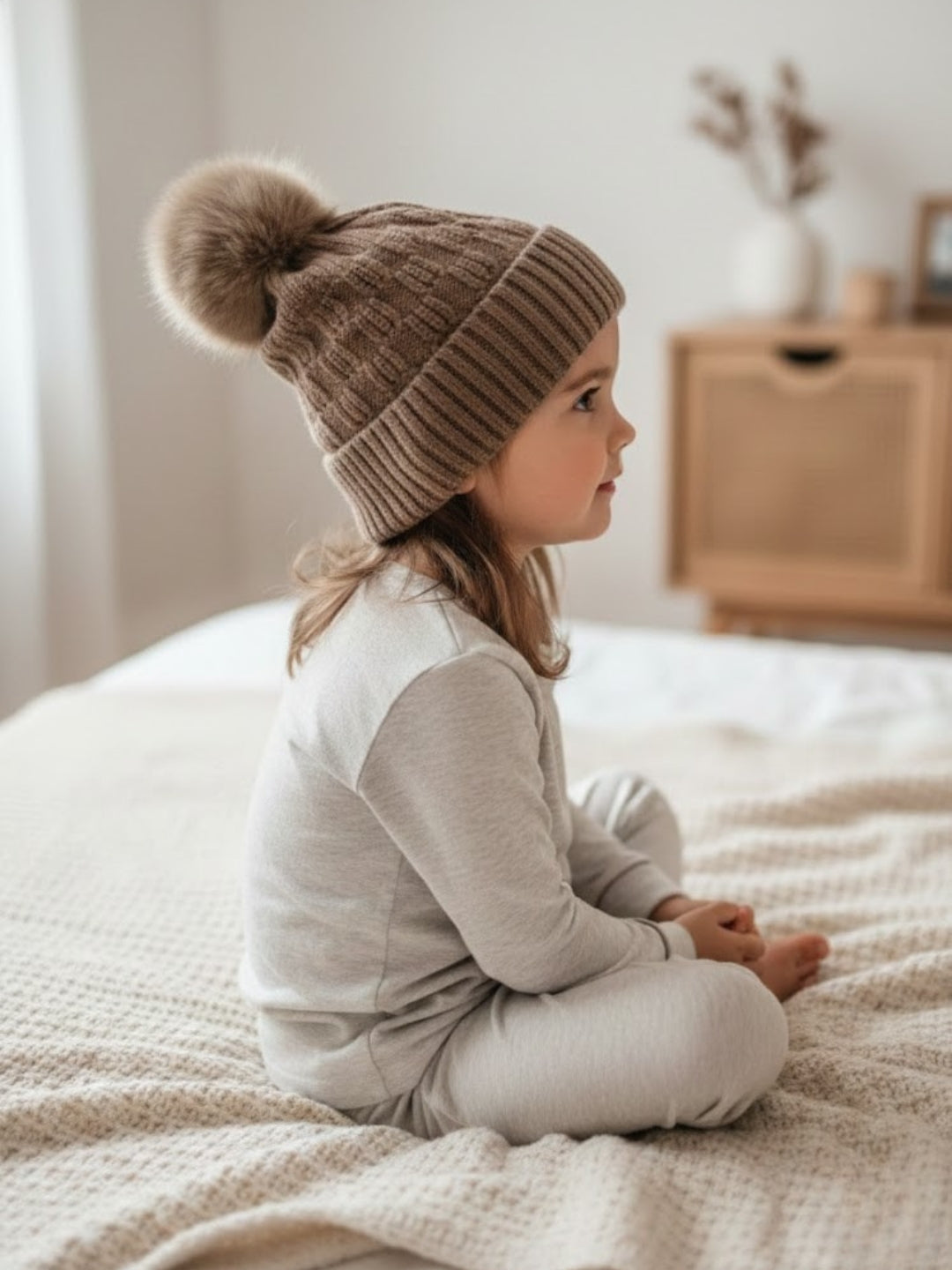 Cdeck Unisex Cable Knit Woolen Winter Beanie Cap with Pom Pom | Soft & Warm | 2–4 Years