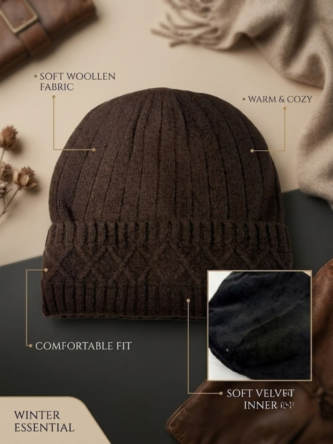 Cdeck Men’s Woolen Winter Cap | Soft, Warm & Comfortable Cap for Everyday Wear | Free Size | Brown