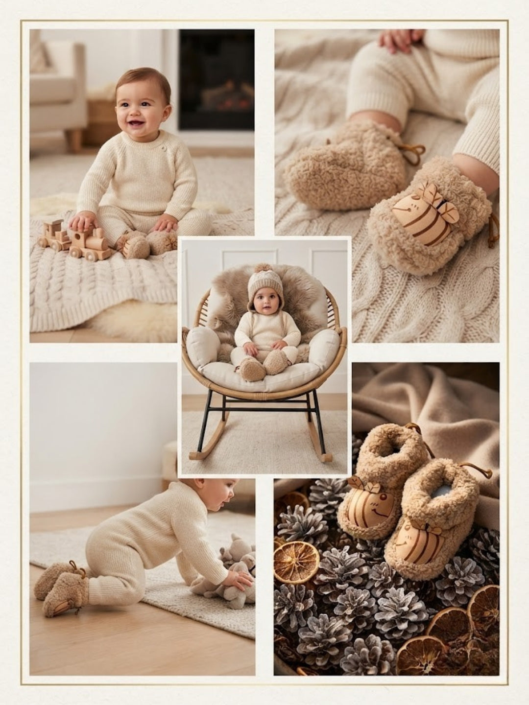Cdeck Baby Wool Booties | Soft Warm Fleece Baby Shoes | Cute Beige Booties for Babies 3–9 Months