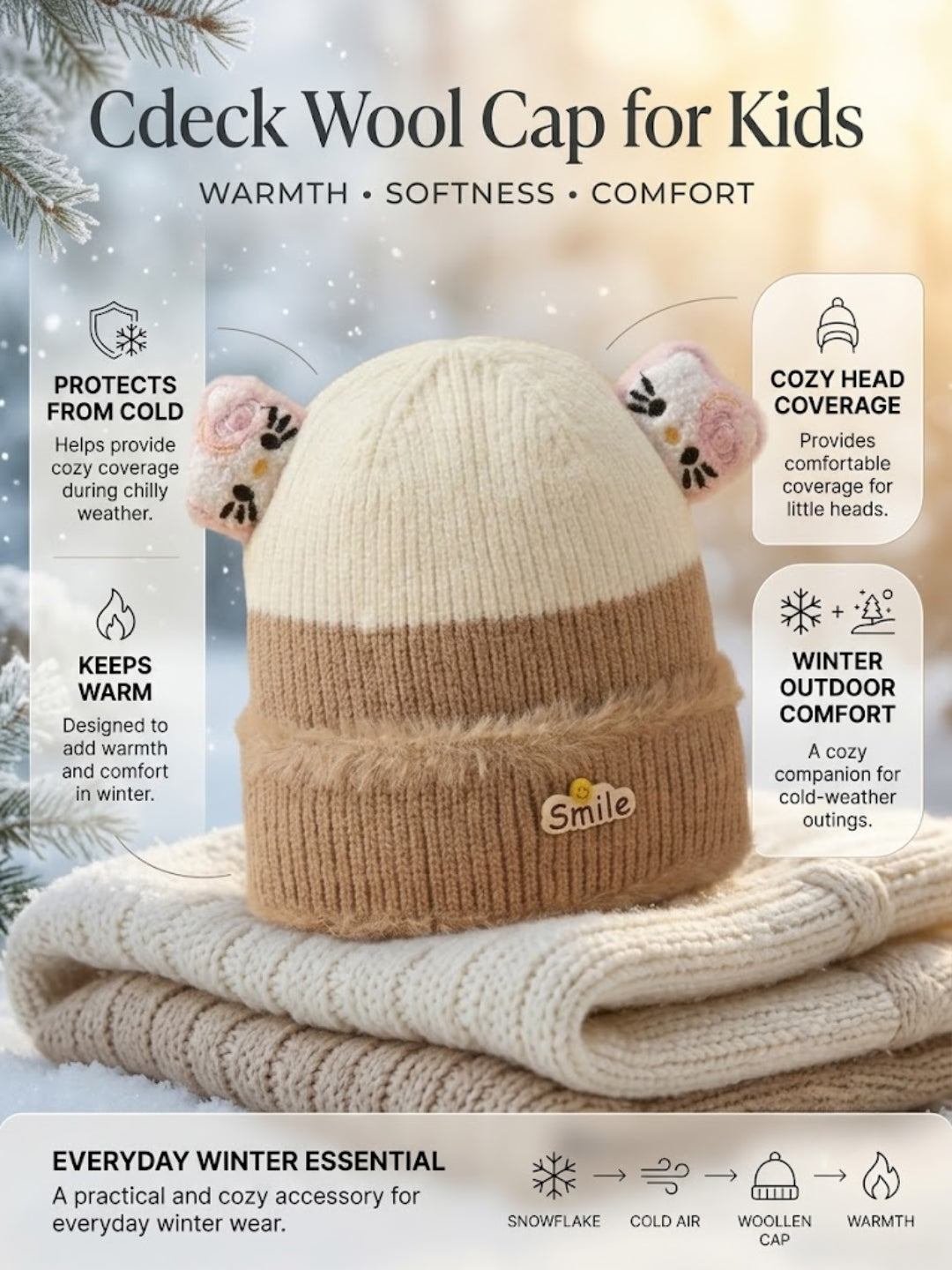 Cdeck Kids Woolen Winter Cap for Boys & Girls | Warm & Comfortable Winter Wear | 2–4 Years | Brown