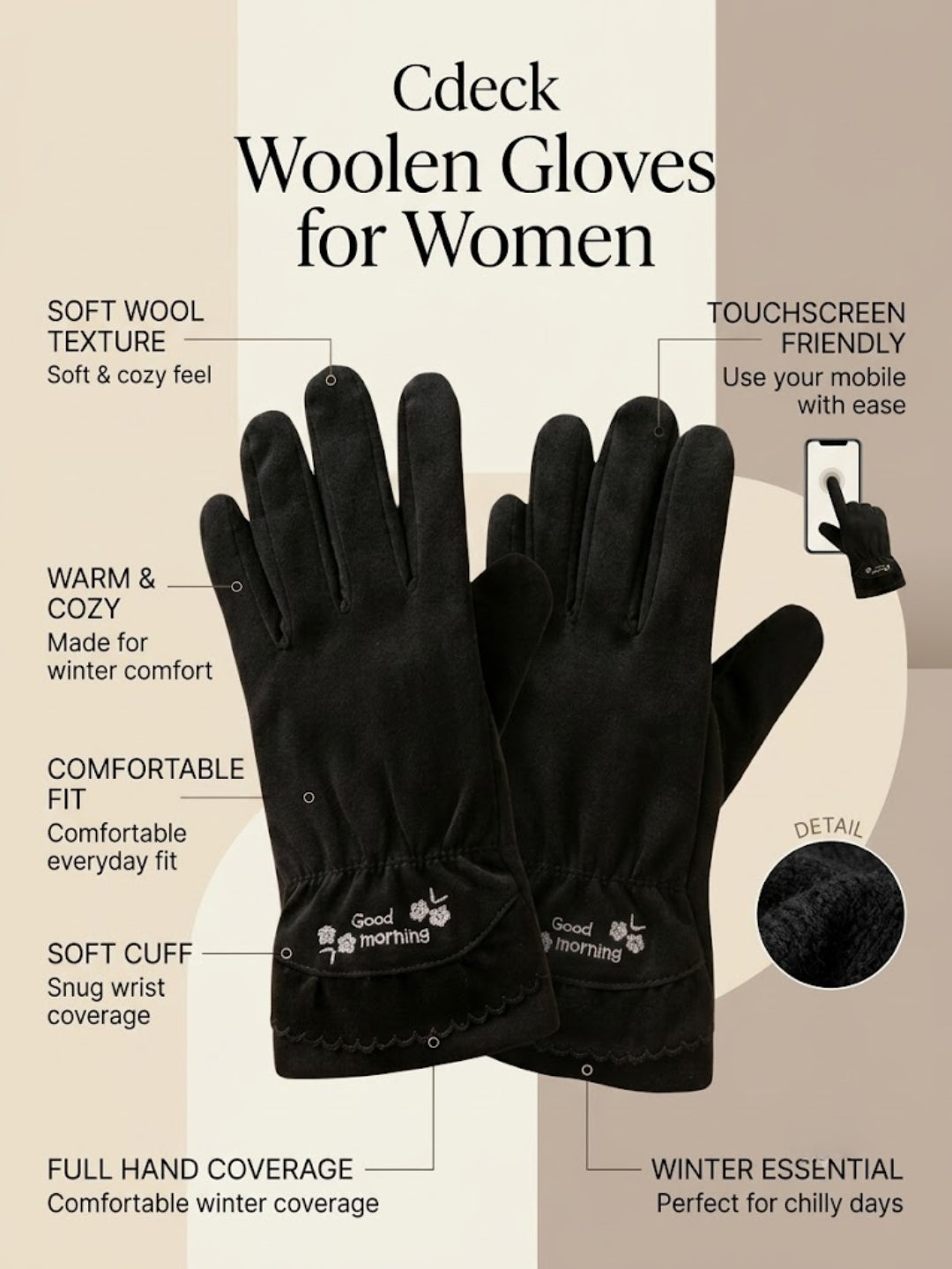 Cdeck Women’s Woolen Gloves | Warm Winter Gloves | Touchscreen Friendly | Free Size | Black