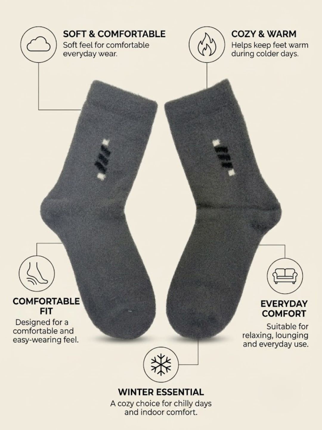 Cdeck Men’s Premium Hair Wool Winter Socks  | Soft, Fuzzy, Warm & Comfortable | Grey & Navy Blue | Free Size