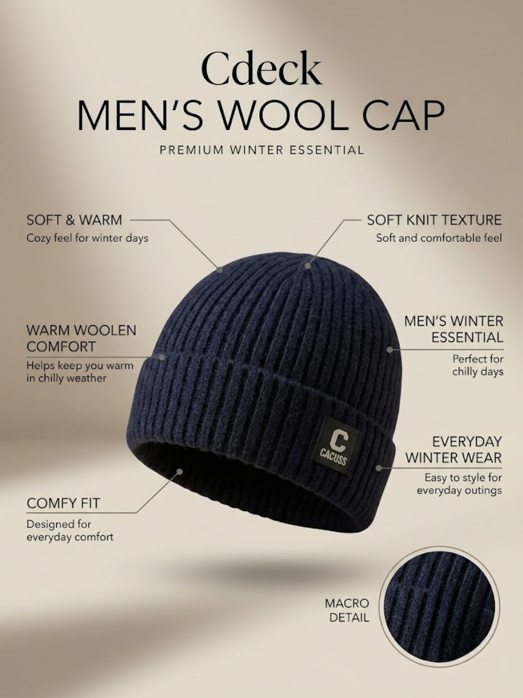 Cdeck Men’s Woolen Winter Cap | Ribbed Knitted Beanie | Free Size | Warm & Comfortable | Blue