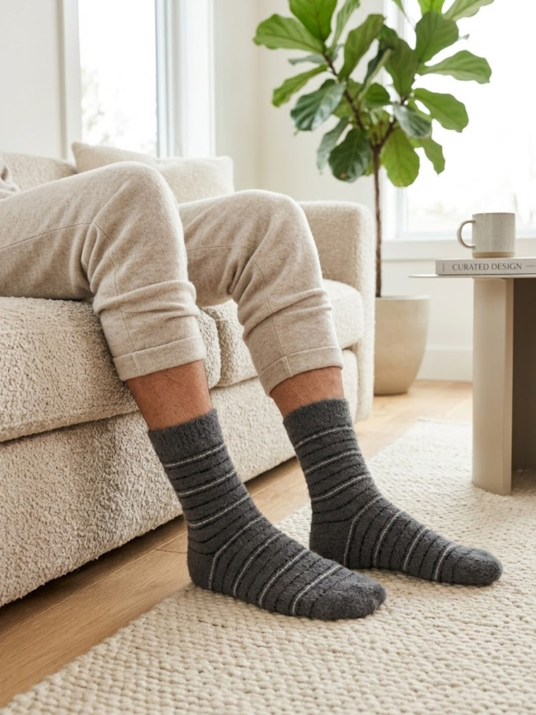 Cdeck Men’s Hair Wool Winter Socks Combo | 4 Pairs | Soft, Warm & Comfortable | Black & Grey Striped
