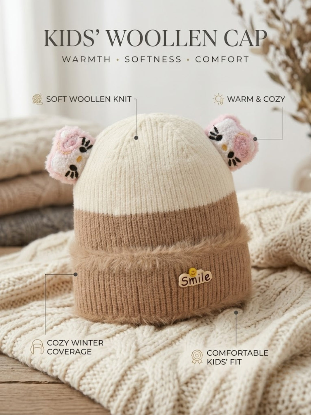 Cdeck Kids Woolen Winter Cap for Boys & Girls | Warm & Comfortable Winter Wear | 2–4 Years | Brown