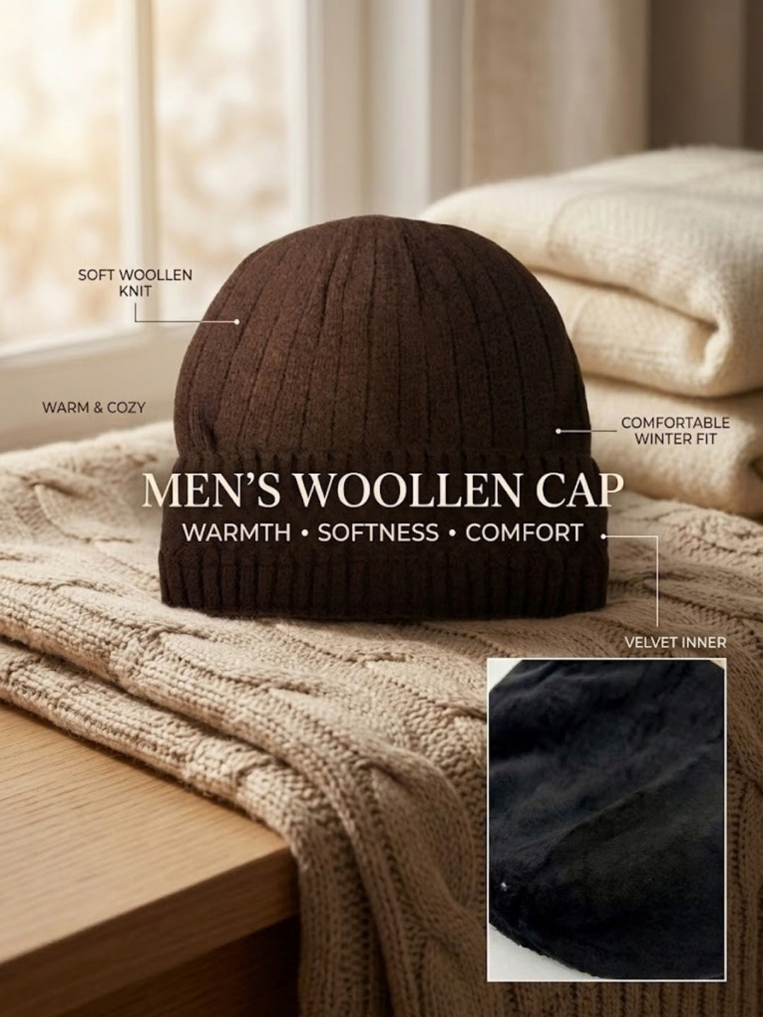 Cdeck Men’s Woolen Winter Cap | Soft, Warm & Comfortable Cap for Everyday Wear | Free Size | Brown