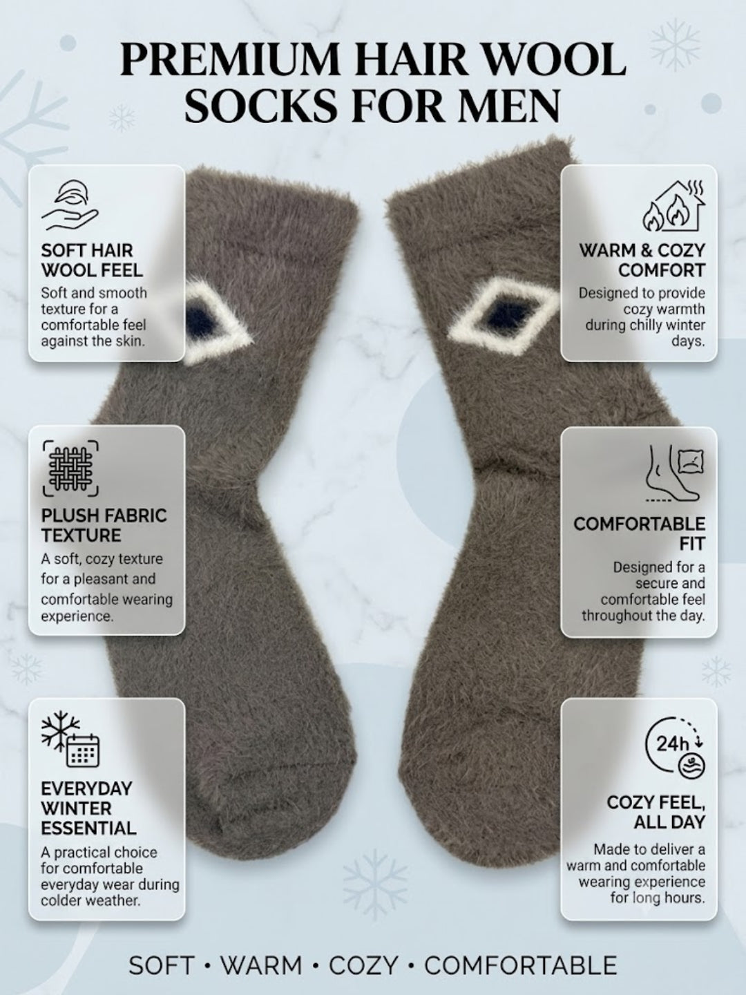 Cdeck Men’s Premium Hair Wool Winter Socks | Single Pair | Soft, Fuzzy, Warm & Comfortable Free Size | Brown
