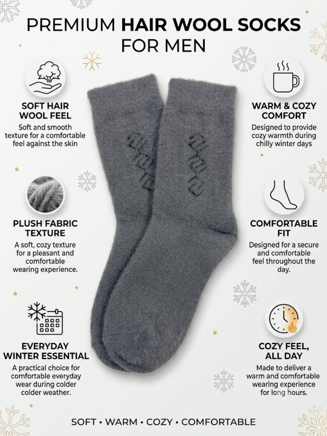Cdeck Men’s Hair Wool Winter Socks | Soft, Warm & Comfortable | Dark Grey | Free Size